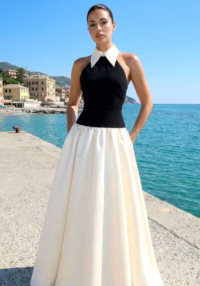 Halter A Line Maxi Dress Black White