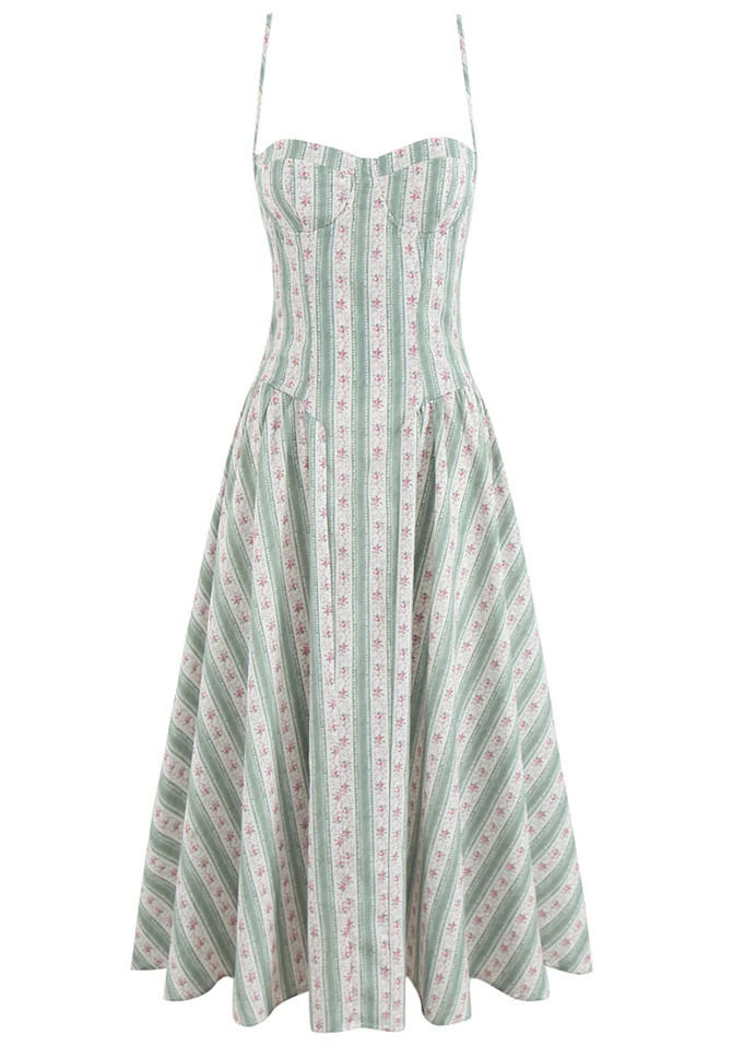 Floral Bustier A Line Midi Dress Green
