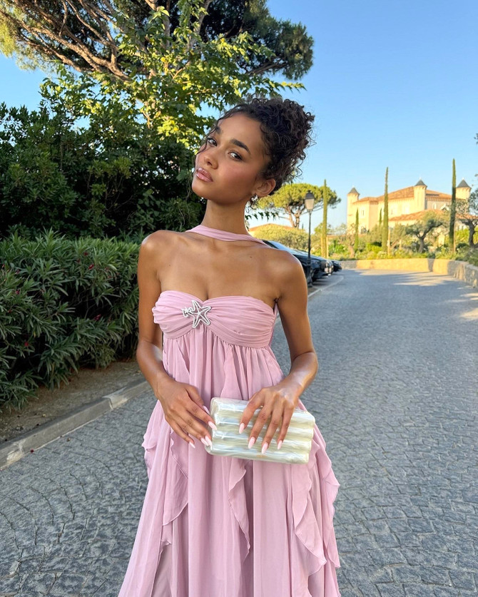 Strapless Ruffle Maxi Dress Lavender Pink