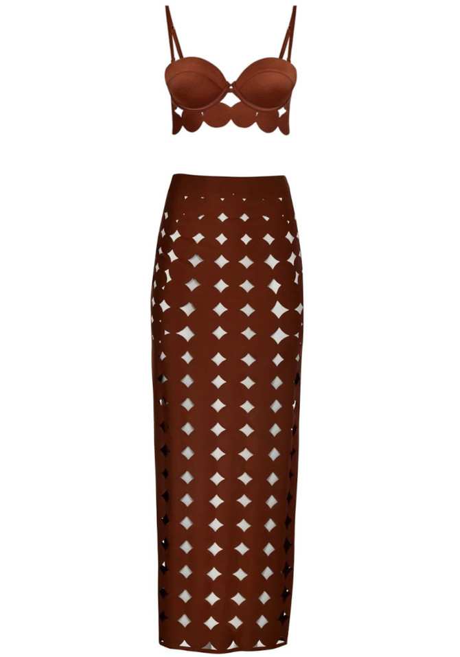Scalloped Three Piece Maxi Dress Brown