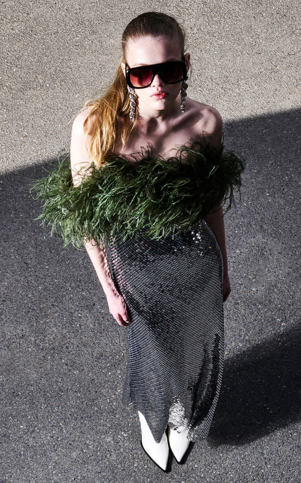 Feather Bardot Sequin Maxi Dress Silver Green