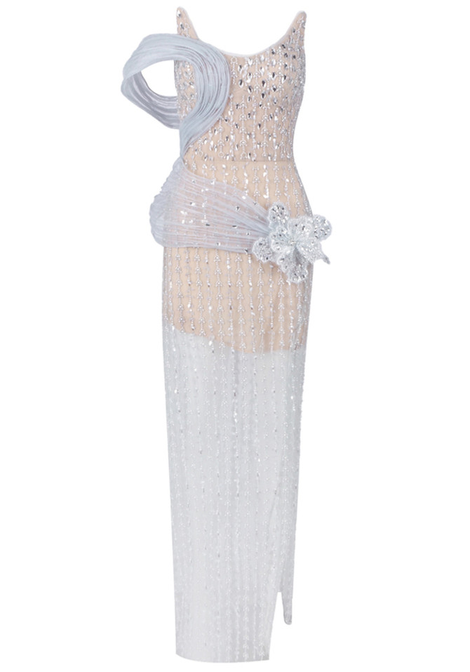 Strapless Crystal Floral Maxi Dress Silver Nude