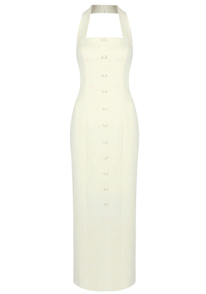 Halter Button Detail Maxi Dress Ivory