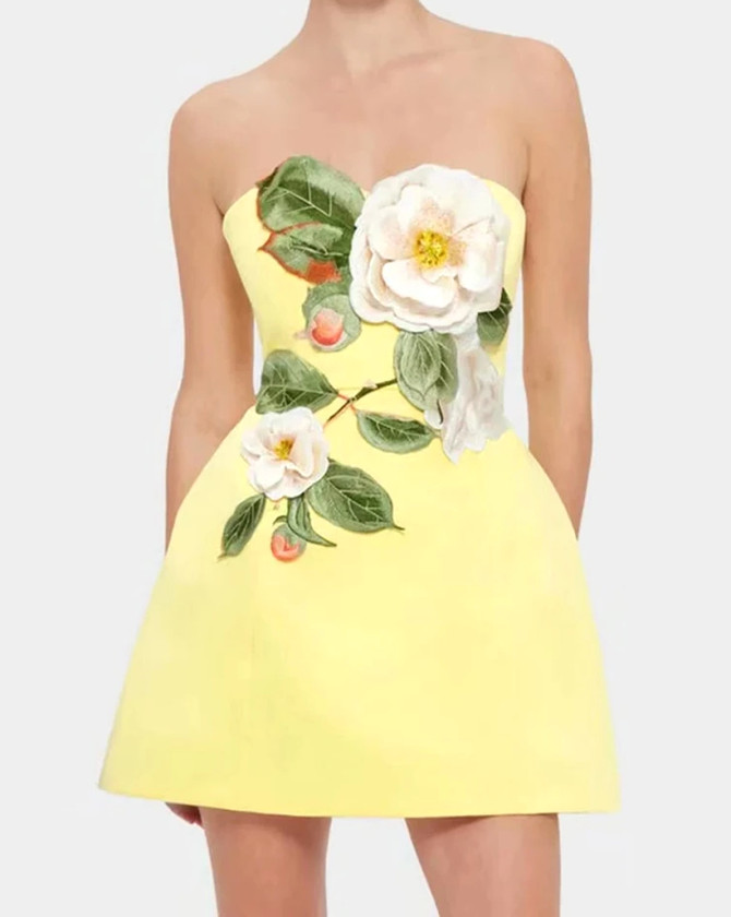 Strapless Embroidered Floral Dress Yellow