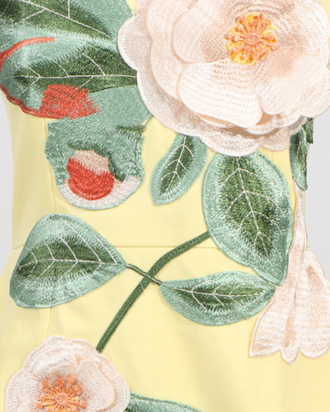 Strapless Embroidered Floral Dress Yellow