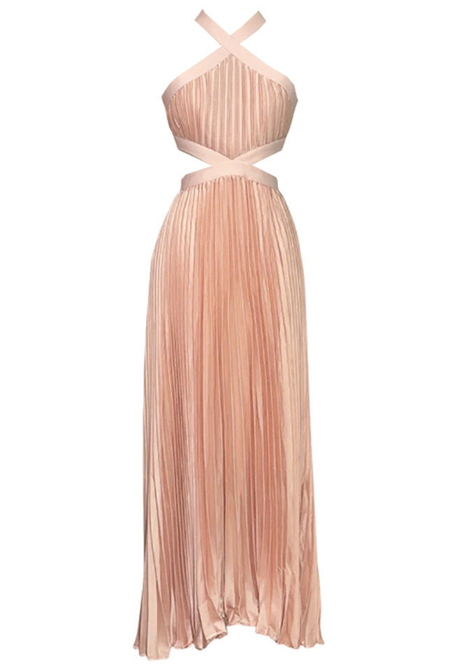 Halter Pleated Maxi Dress Peach Pink