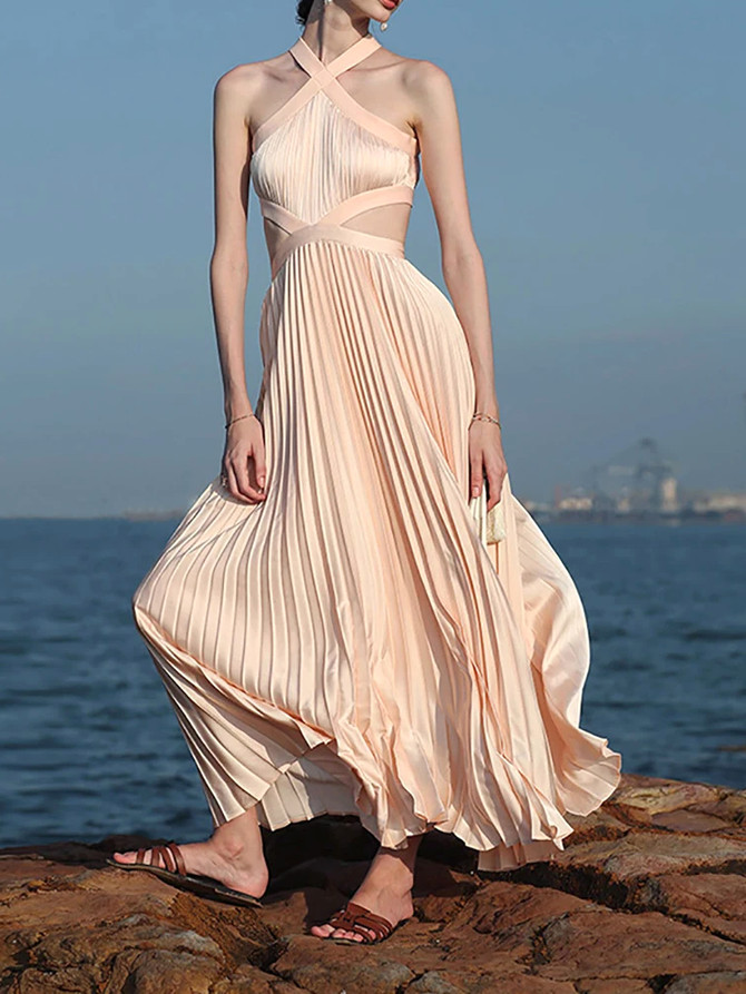 Halter Pleated Maxi Dress Peach Pink