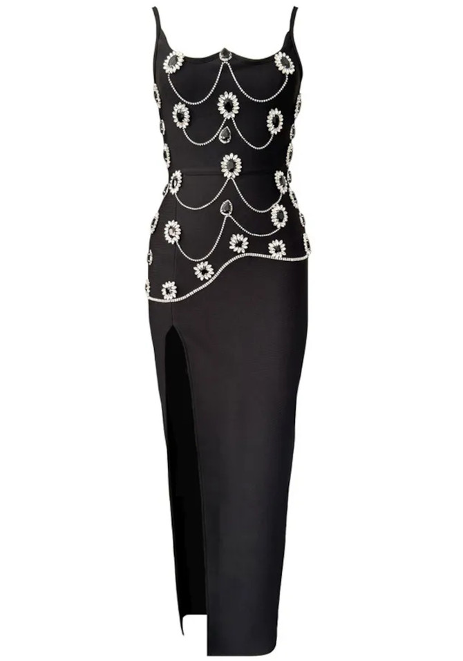 Crystal Flower Embellished Maxi Dress Black