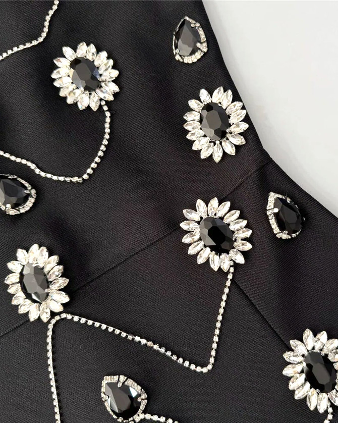 Crystal Flower Embellished Maxi Dress Black