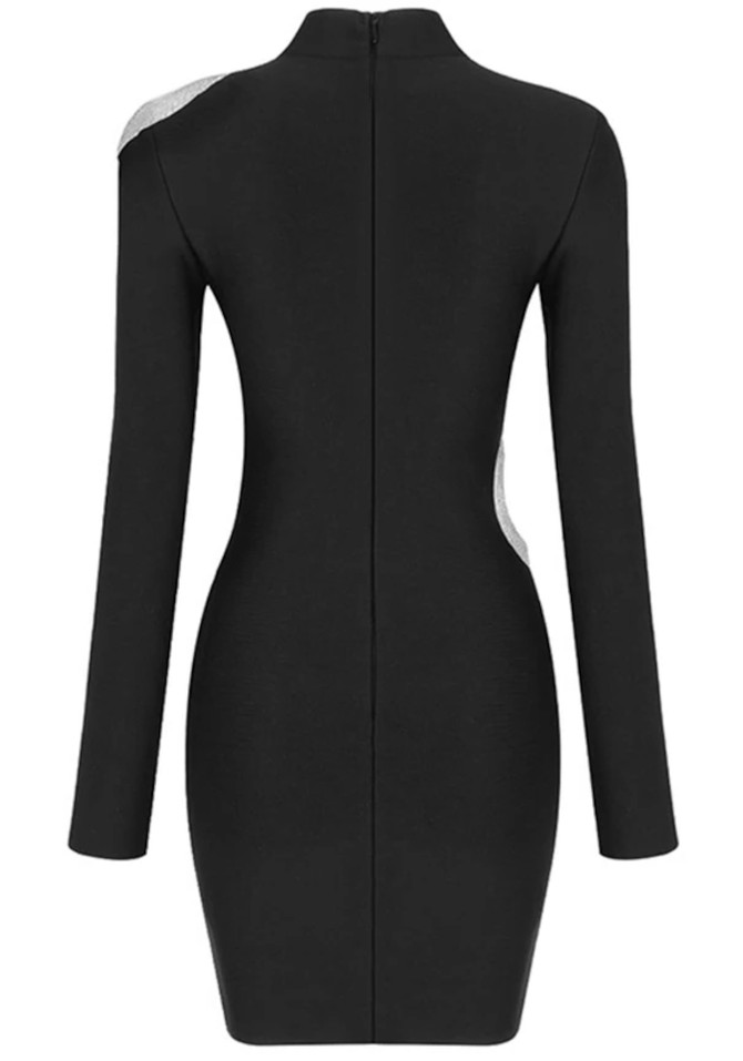 Long Sleeve Crystal Cut Out Dress Black