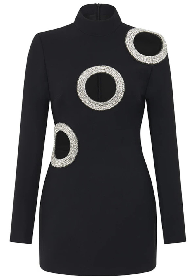 Long Sleeve Crystal Cut Out Dress Black
