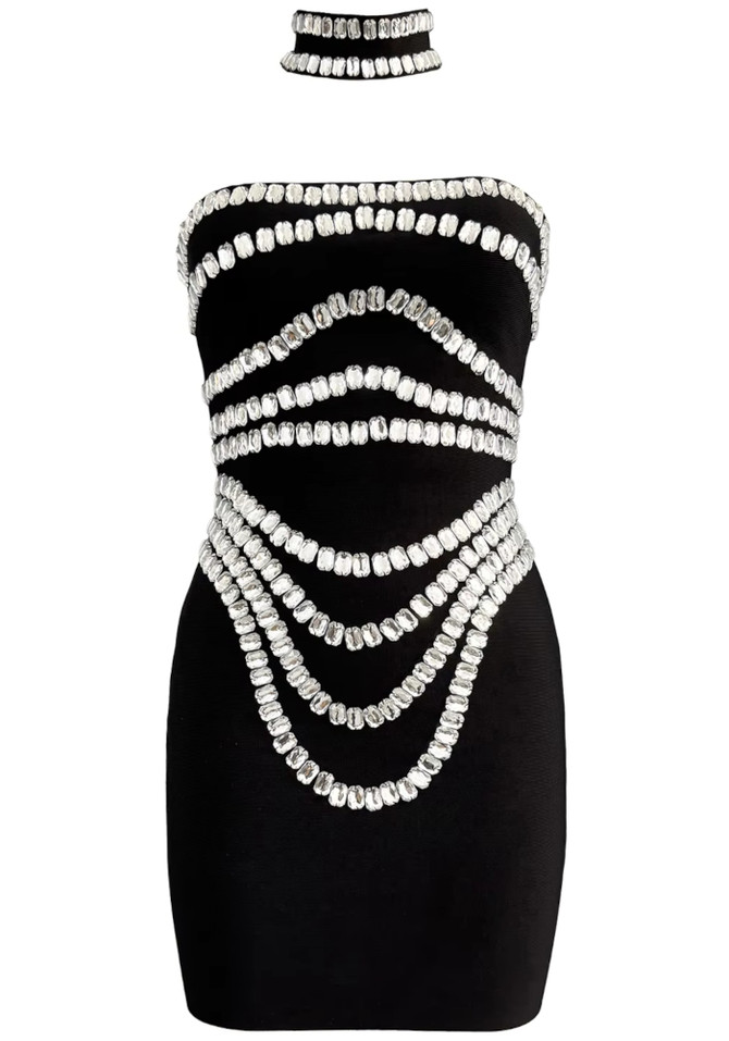 Crystal Choker Strapless Dress Black