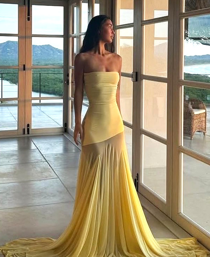 Strapless Mermaid Mesh Maxi Dress Yellow