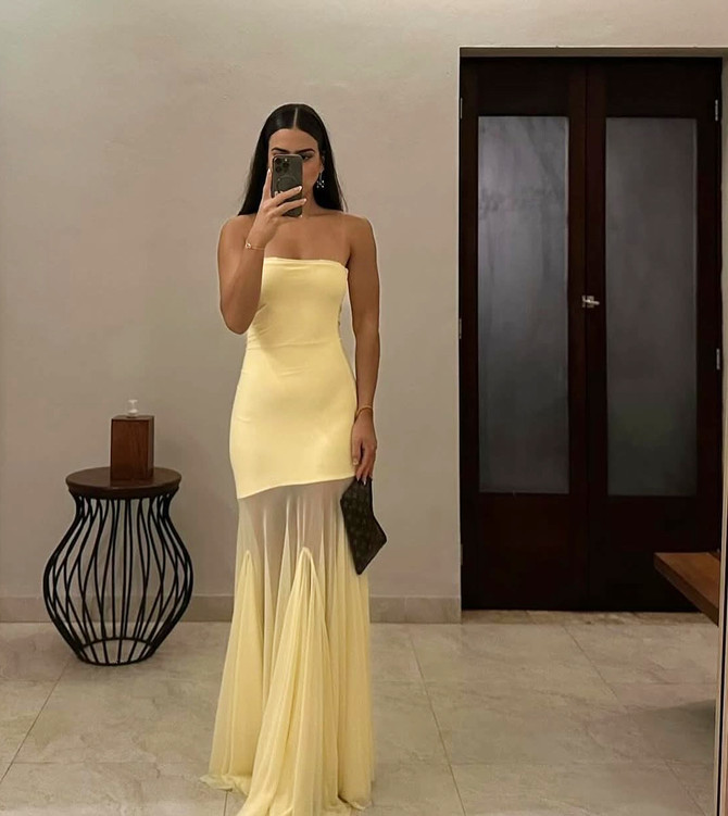 Strapless Mermaid Mesh Maxi Dress Yellow
