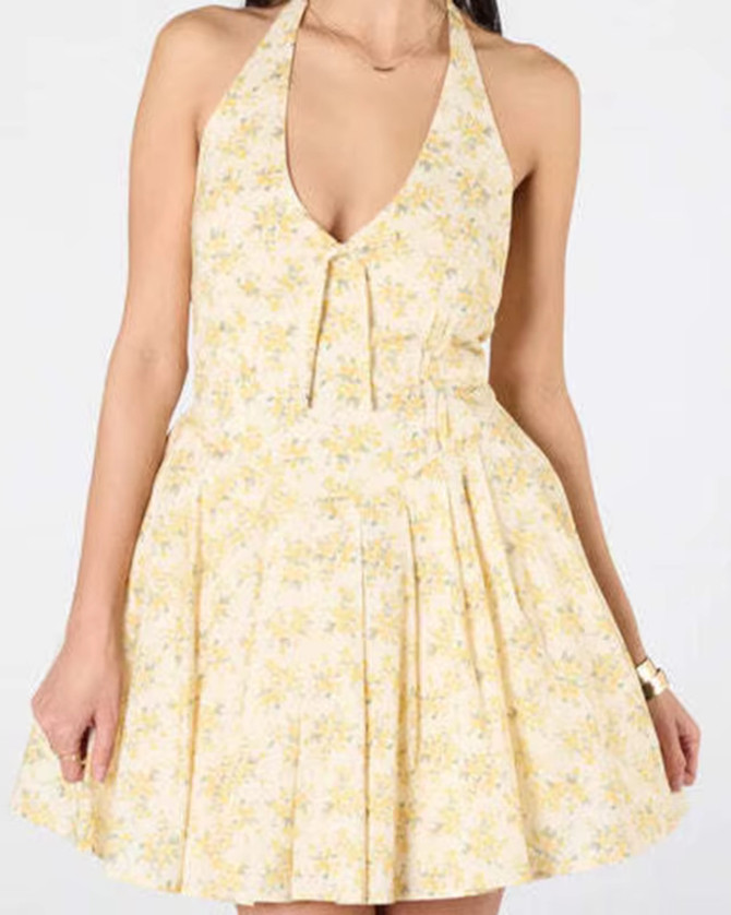 Halter Floral Skater Dress Yellow