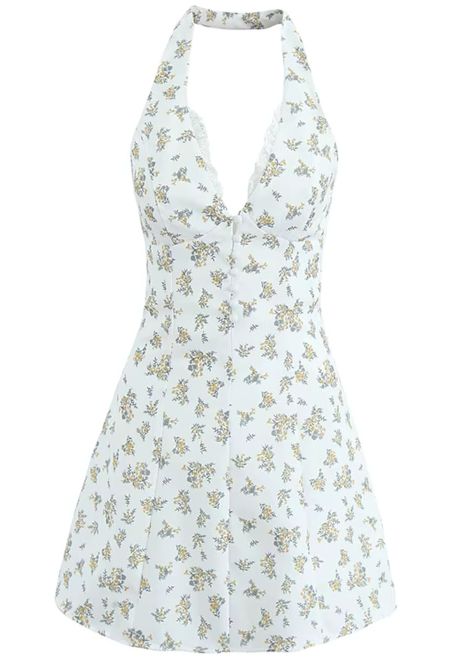 Halter Floral Lace Insert White Yellow