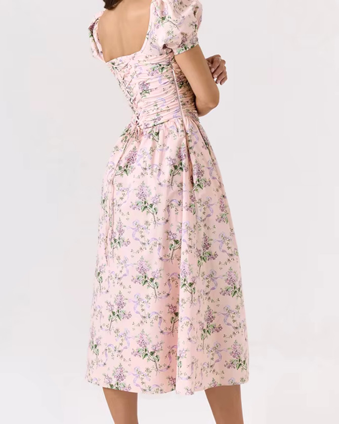 Short Sleeve Floral Corset A Line Midi Dress Pink