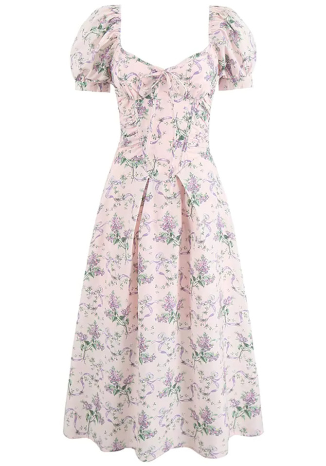 Short Sleeve Floral Corset A Line Midi Dress Pink
