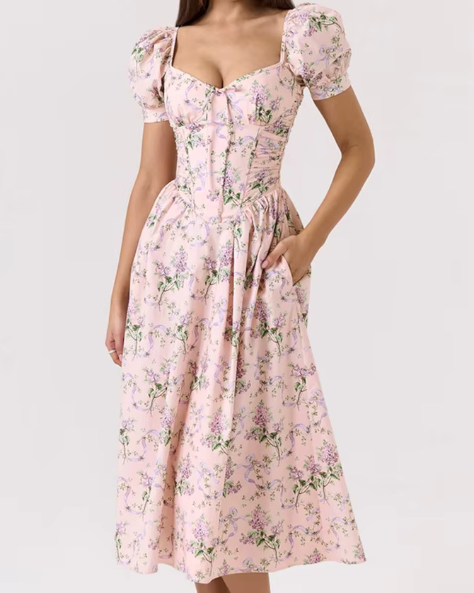 Short Sleeve Floral Corset A Line Midi Dress Pink