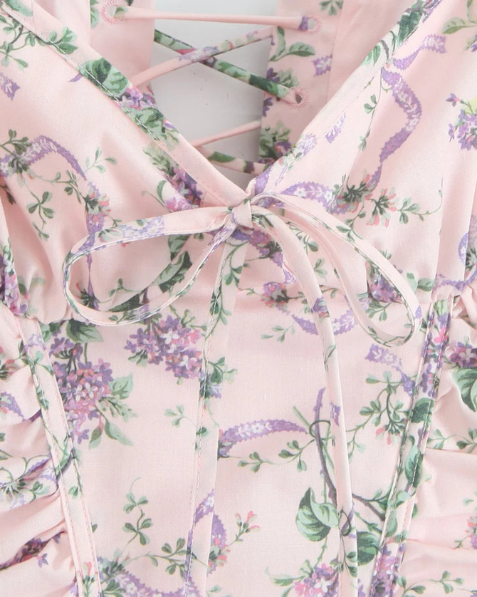 Short Sleeve Floral Corset A Line Midi Dress Pink