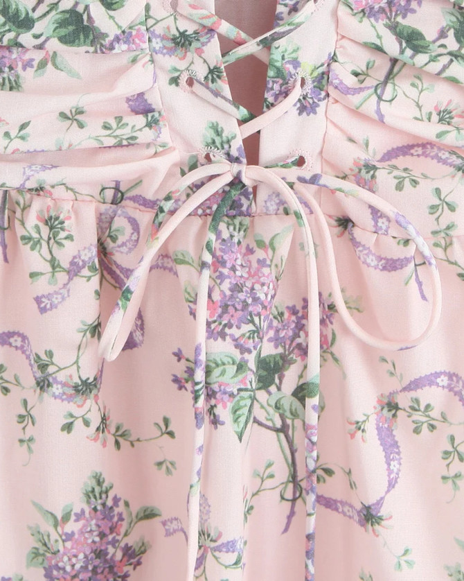 Short Sleeve Floral Corset A Line Midi Dress Pink