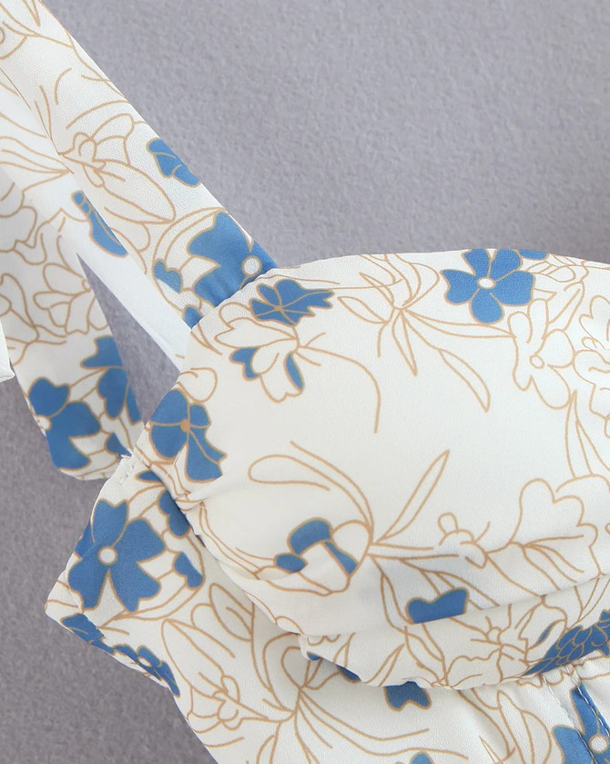 Floral Bustier Corset Detail Ruffle Dress Blue