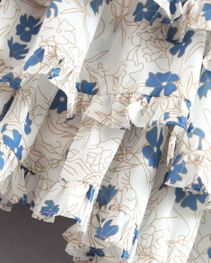 Floral Bustier Corset Detail Ruffle Dress Blue