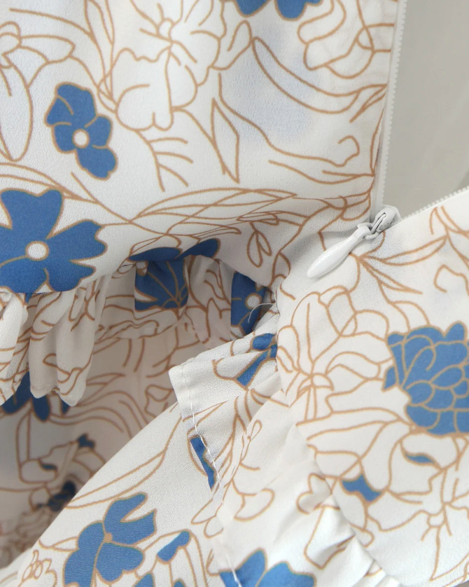 Floral Bustier Corset Detail Ruffle Dress Blue