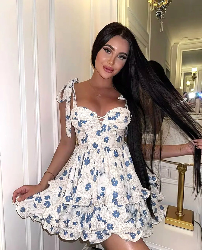 Floral Bustier Corset Detail Ruffle Dress Blue
