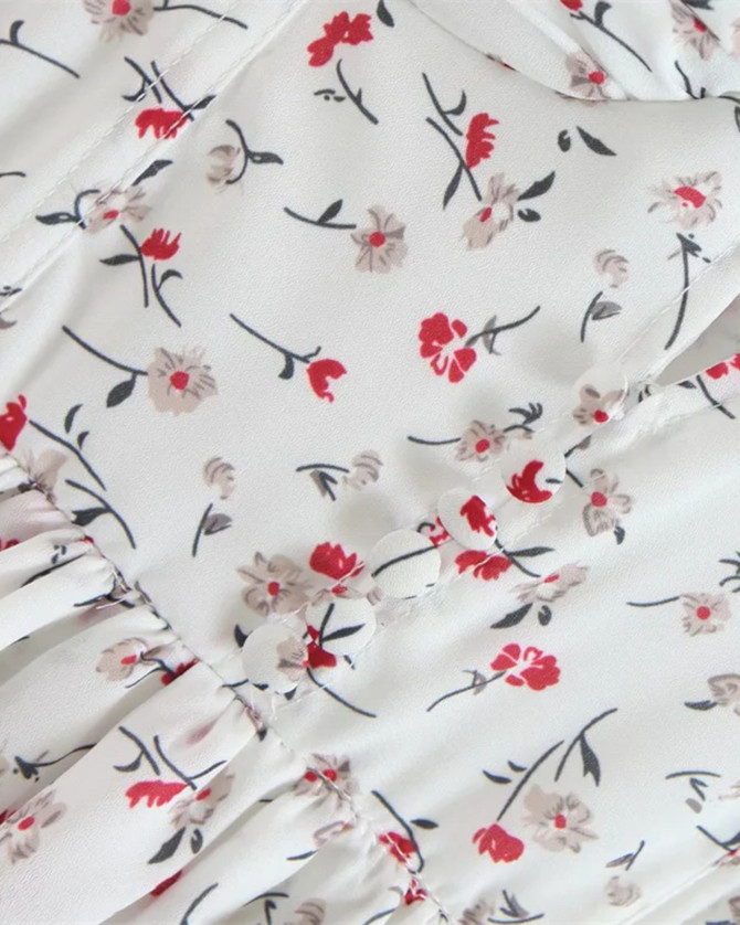 Floral Bustier Corset Detail Ruffle Dress White