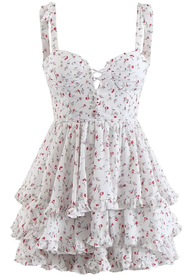 Floral Bustier Corset Detail Ruffle Dress White