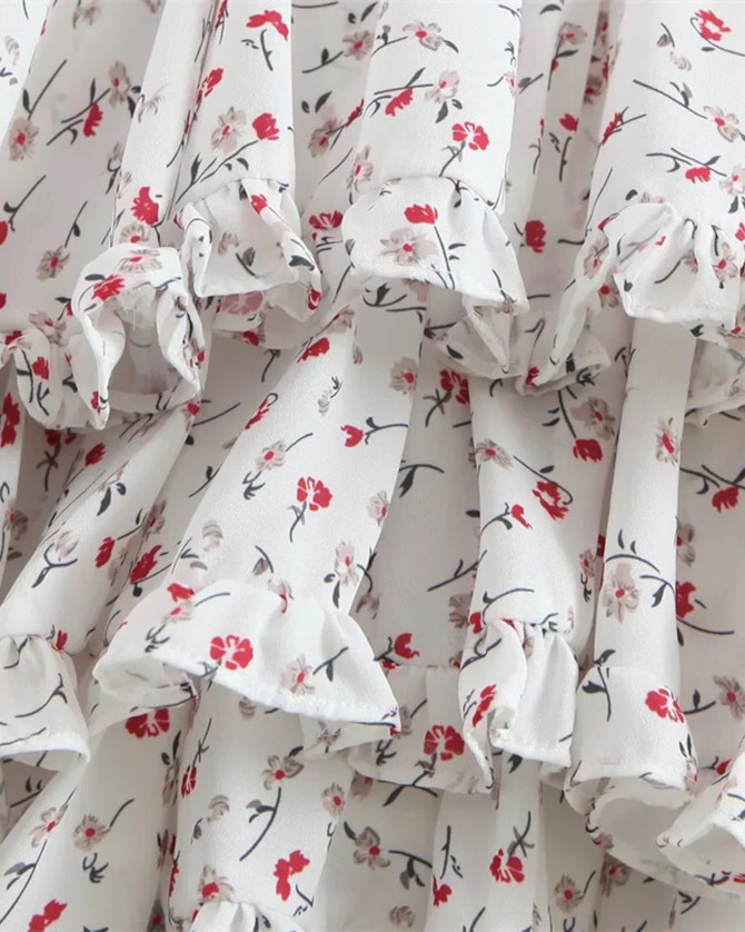 Floral Bustier Corset Detail Ruffle Dress White