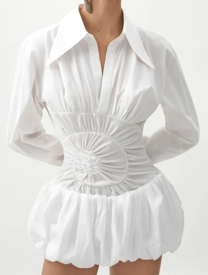 Long Sleeve Puff Shirt Dress White