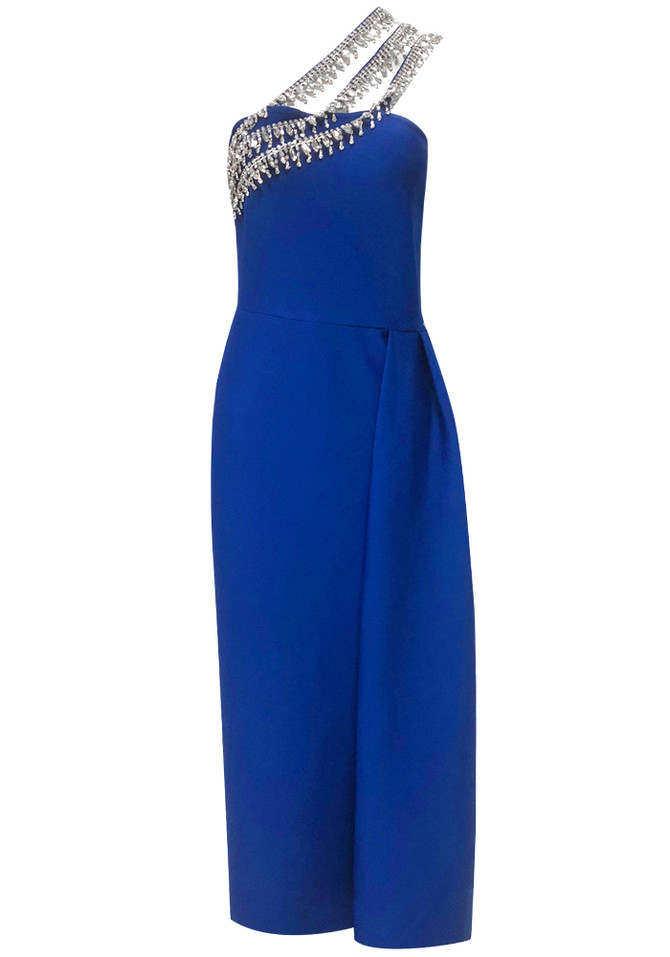 One Shoulder Crystal Straps Midi Dress Blue