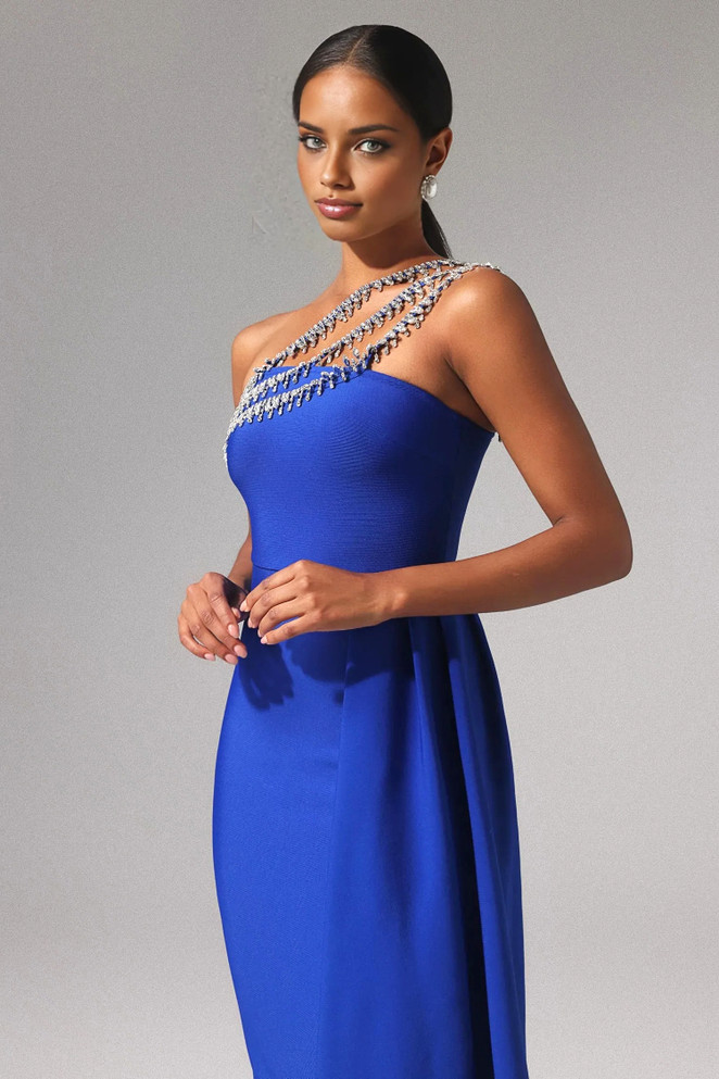 One Shoulder Crystal Straps Midi Dress Blue