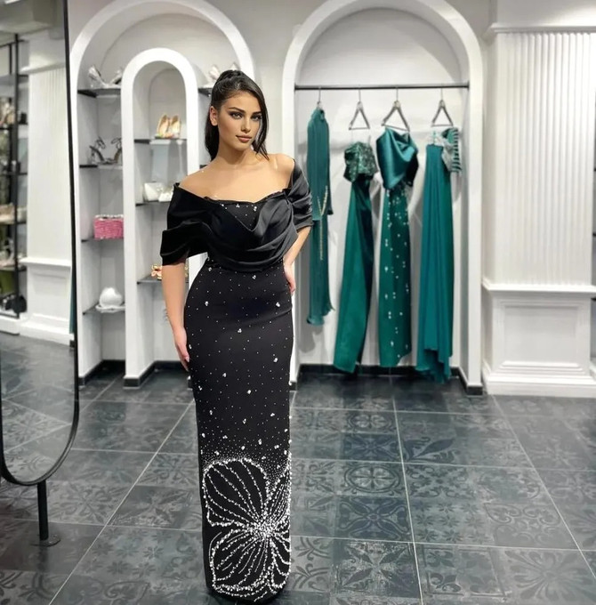 Draped Bardot Crystal Pearl Floral Maxi Dress Black