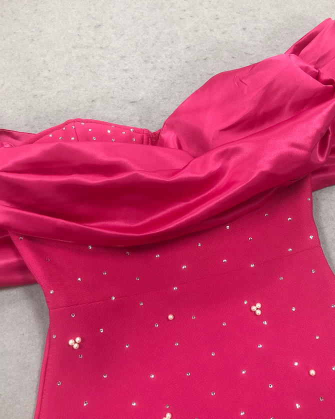 Draped Bardot Crystal Pearl Floral Maxi Dress Hot Pink