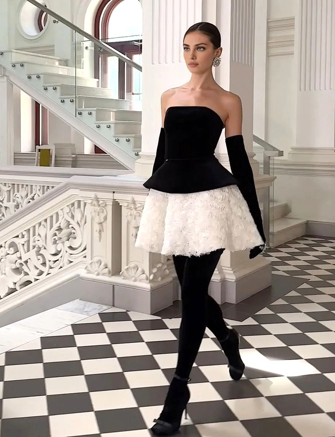 Strapless Corset Floral A Line Velvet Dress Black White
