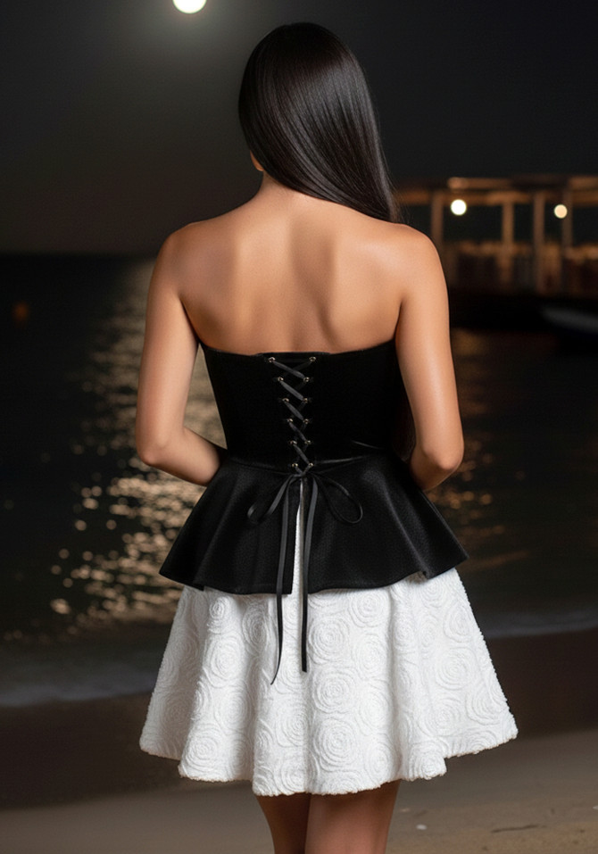 Strapless Corset Floral A Line Velvet Dress Black White