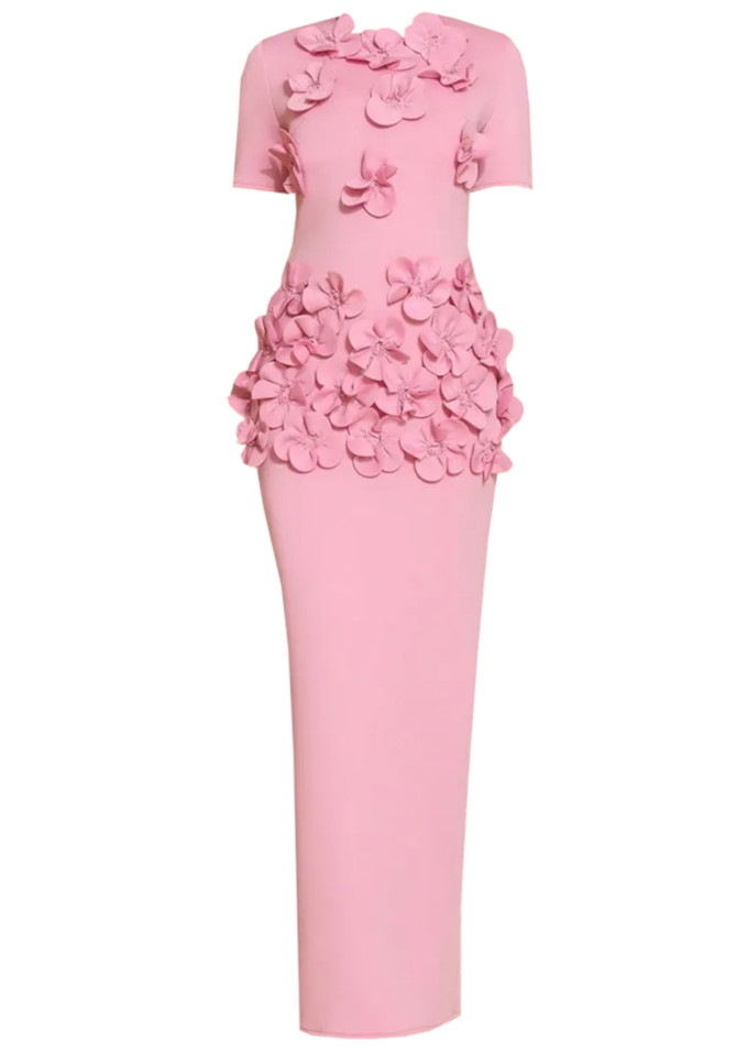 Short Sleeve Floral Detail Maxi Dress Pink