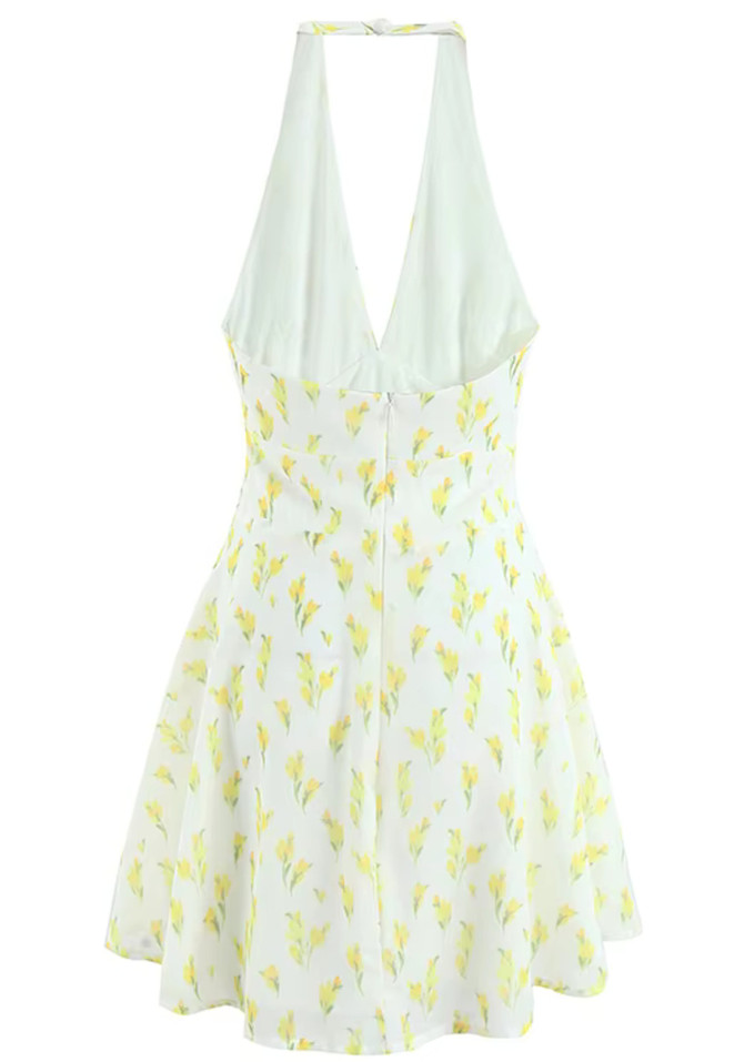 Halter Floral A Line Dress Yellow