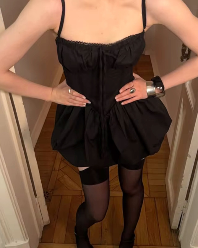 Crochet Trim Corset Puff Dress Black