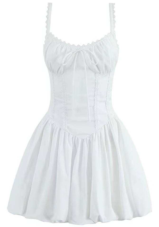 Crochet Trim Corset Puff Dress White