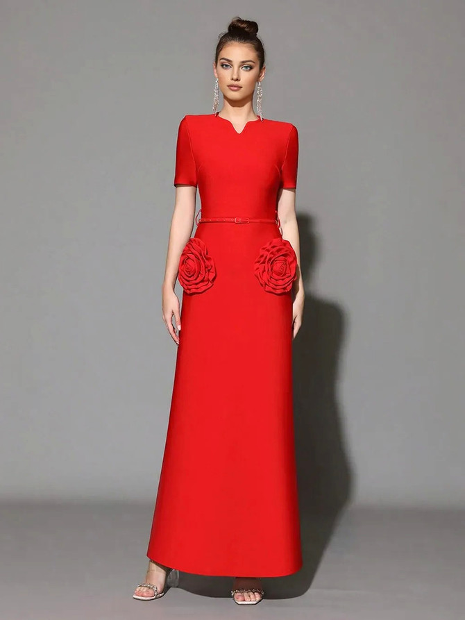 Short Sleeve Floral Detail Maxi Dress Red