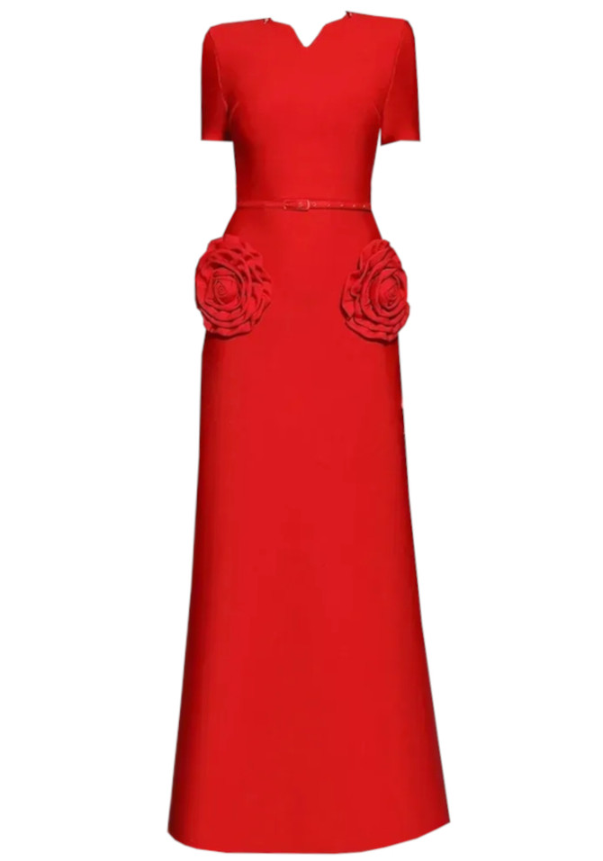 Short Sleeve Floral Detail Maxi Dress Red