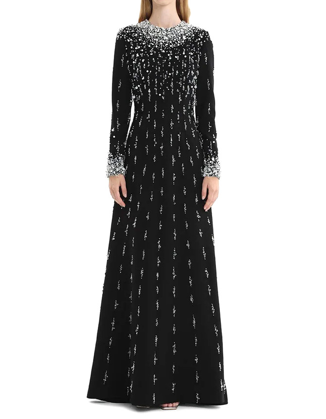 Long Sleeve Crystal Pearl Sequin Maxi Dress Black