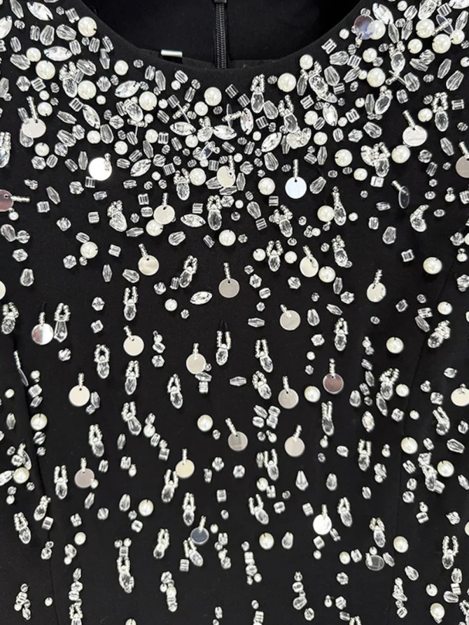 Long Sleeve Crystal Pearl Sequin Maxi Dress Black