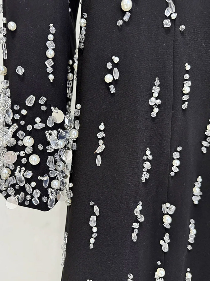 Long Sleeve Crystal Pearl Sequin Maxi Dress Black