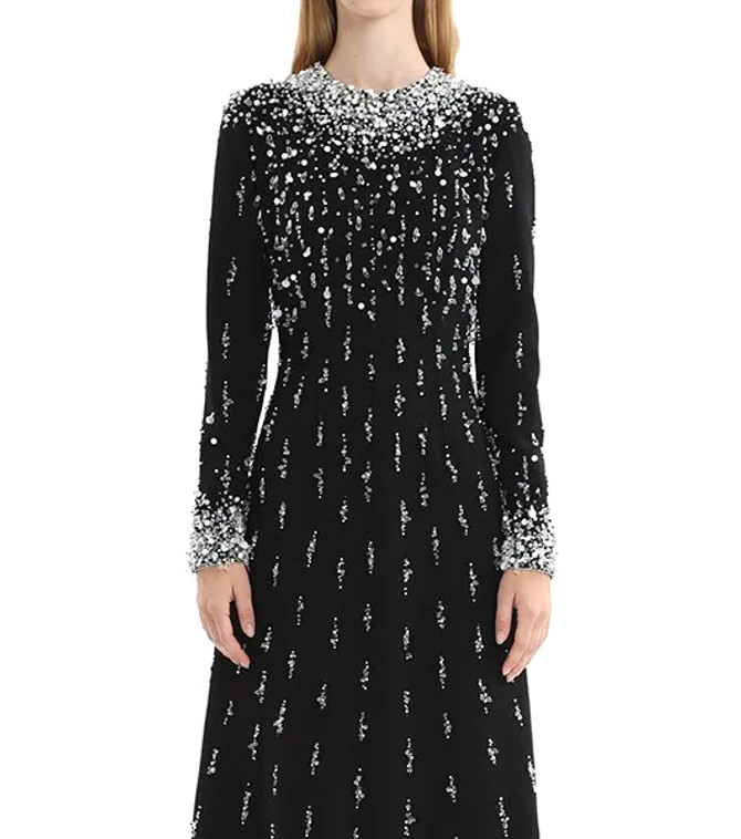 Long Sleeve Crystal Pearl Sequin Maxi Dress Black