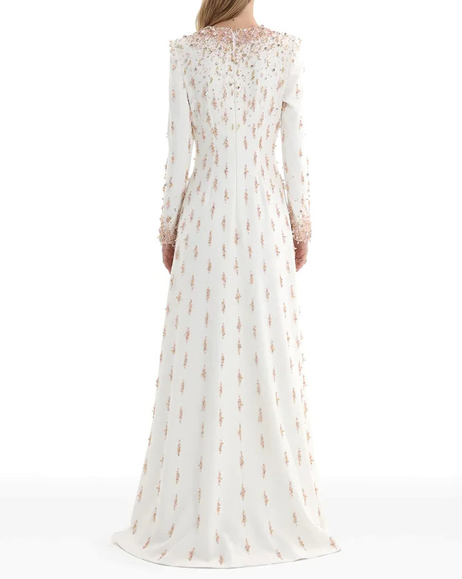 Long Sleeve Crystal Pearl Sequin Maxi Dress White